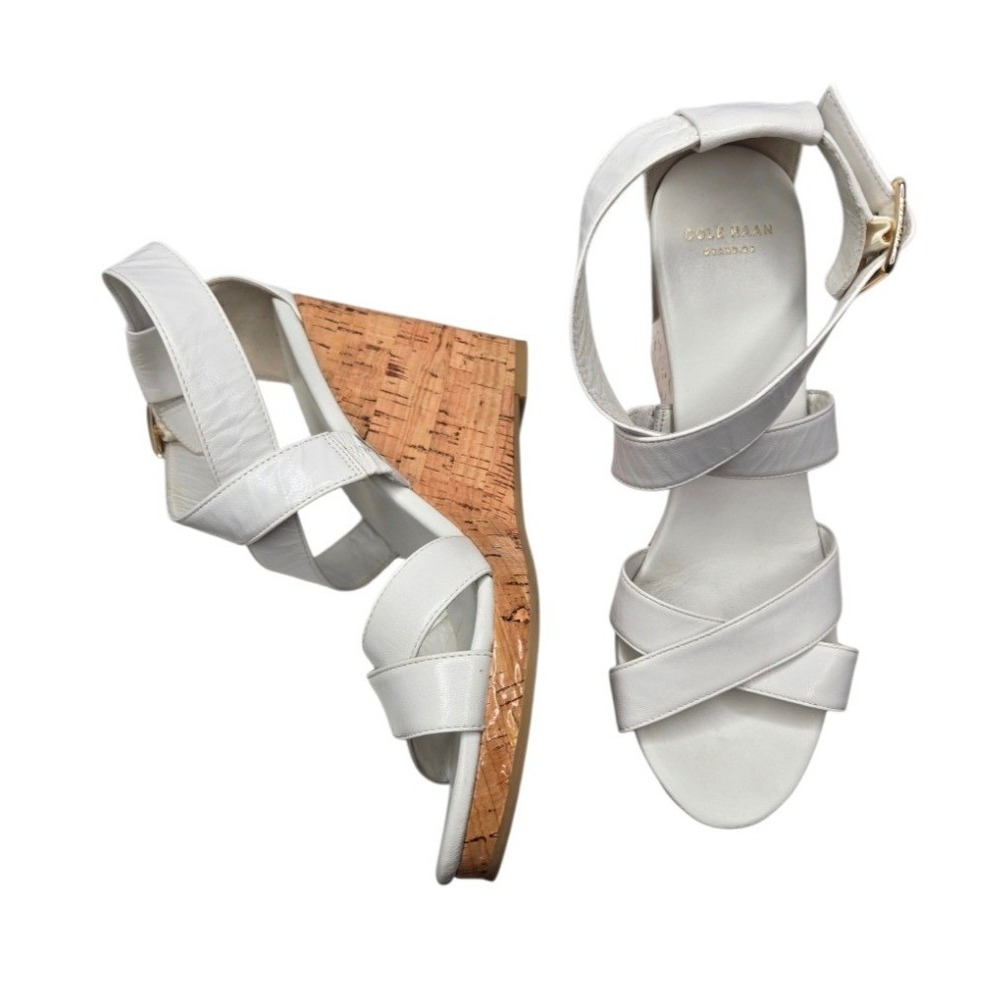 Cole Haan White Leather Cork Wedge Sandals with Gold Buckle